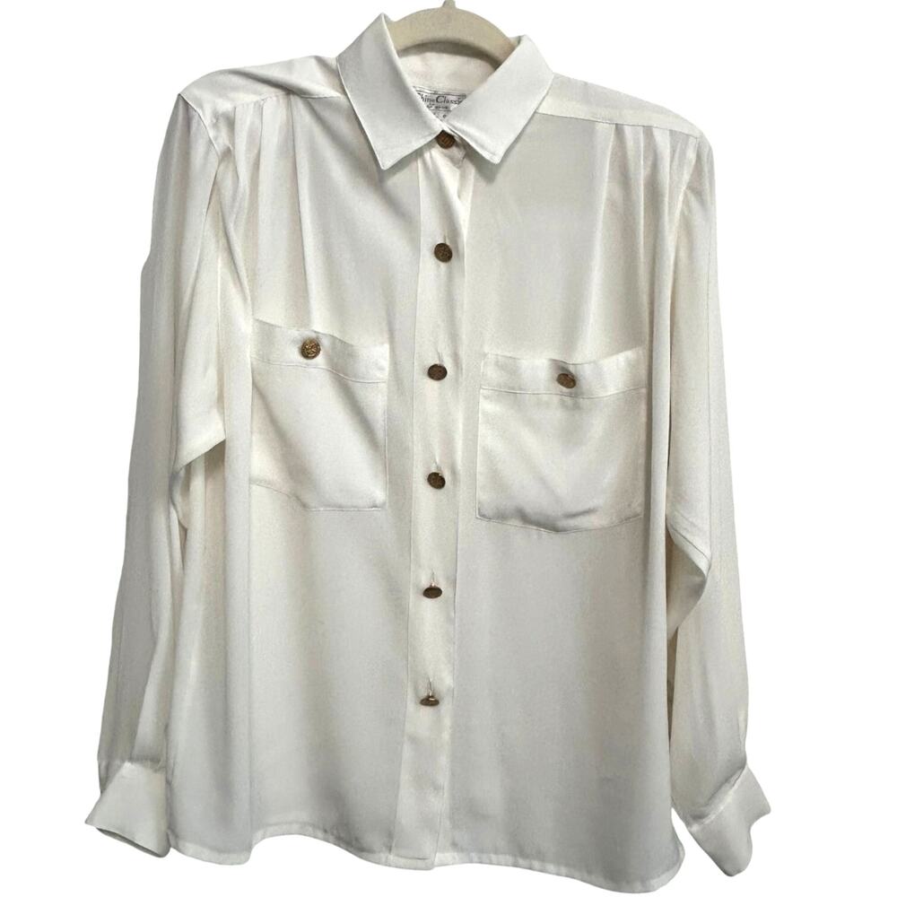 Vintage Galinda Wang La Chine Classic White Satin Blouse Size 8 80s Gold Buttons